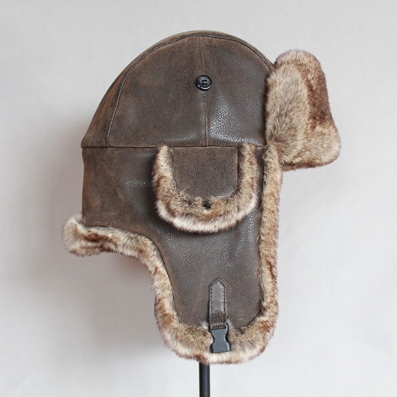 Plain Men's Winter Faux Leather Aviator Hat Brown / 56-58cm