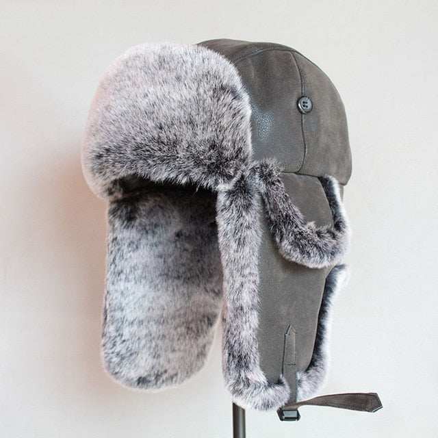 Plain Men's Winter Faux Leather Aviator Hat Grey / 58-60cm