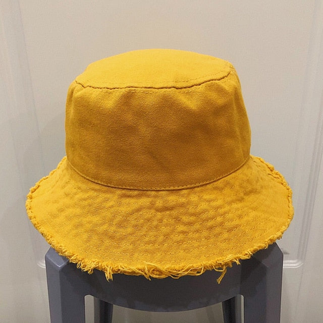 Picture of a Plain Frayed Brim Bucket Hat yellow