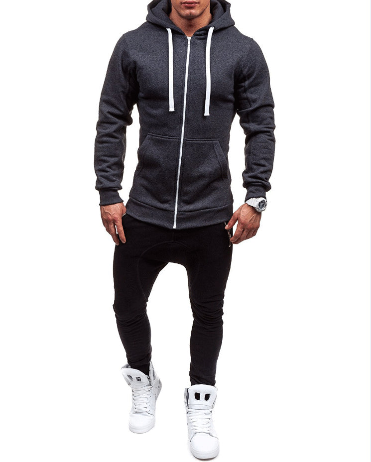 Picture of a Plain Men's Solid Color Zip-Up Hooded Sweatshirt dark grey model