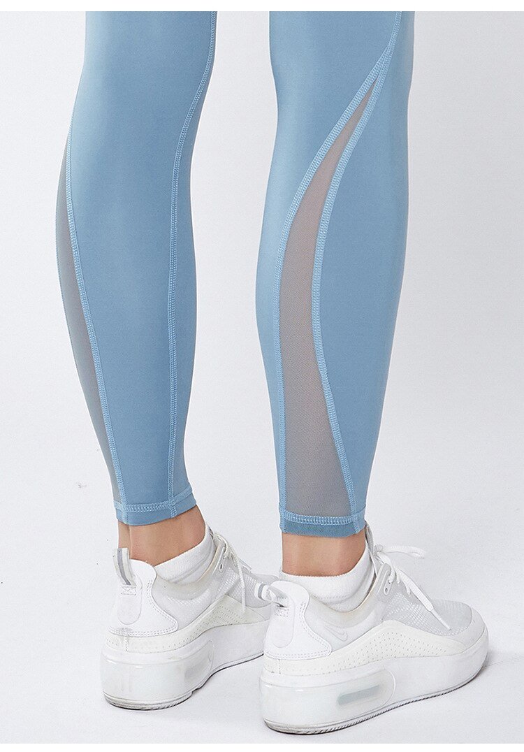 Picture of a Women's High Waist Workout Gym Anti-Sweat Leggings back of the legs blue