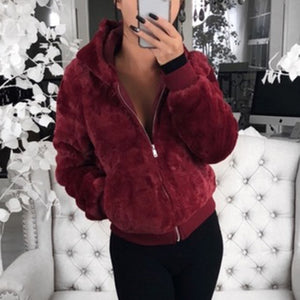 Picture of a Women's Faux Fur Hooded Jacket red