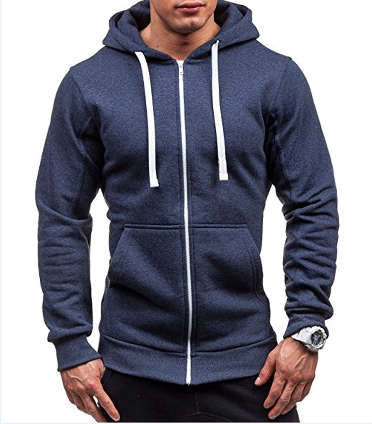 Picture of a Plain Men's Solid Color Zip-Up Hooded Sweatshirt blue