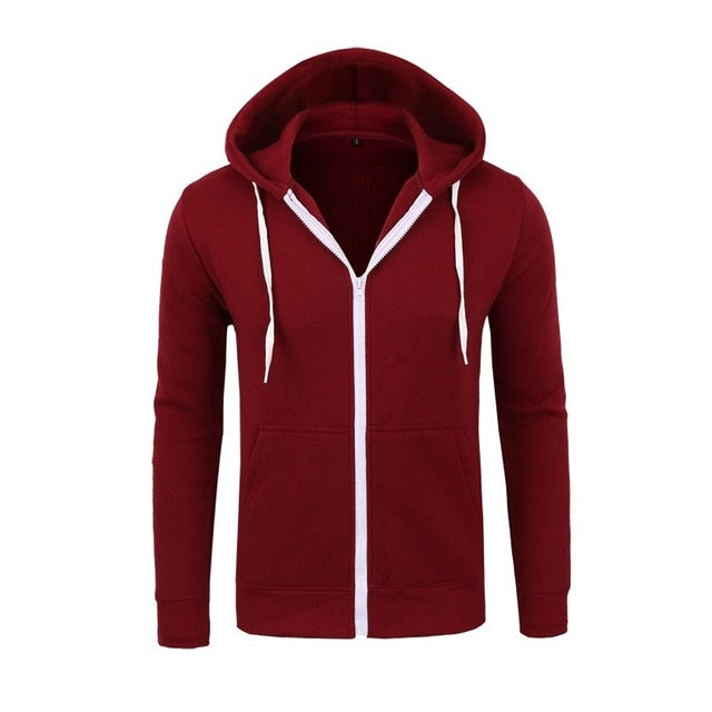 Picture of a Plain Men's Solid Color Zip-Up Hooded Sweatshirt red