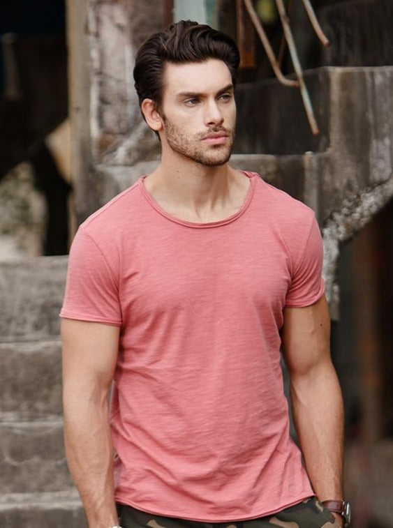 Picture of a Men's Short Sleeve Shredded Cotton T-Shirt red model