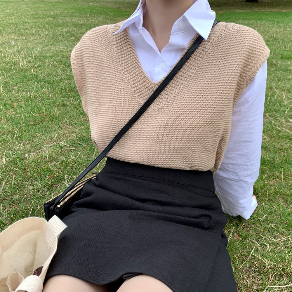 Picture of a Plain Women's Knitted Winter V-Neck Vest tan