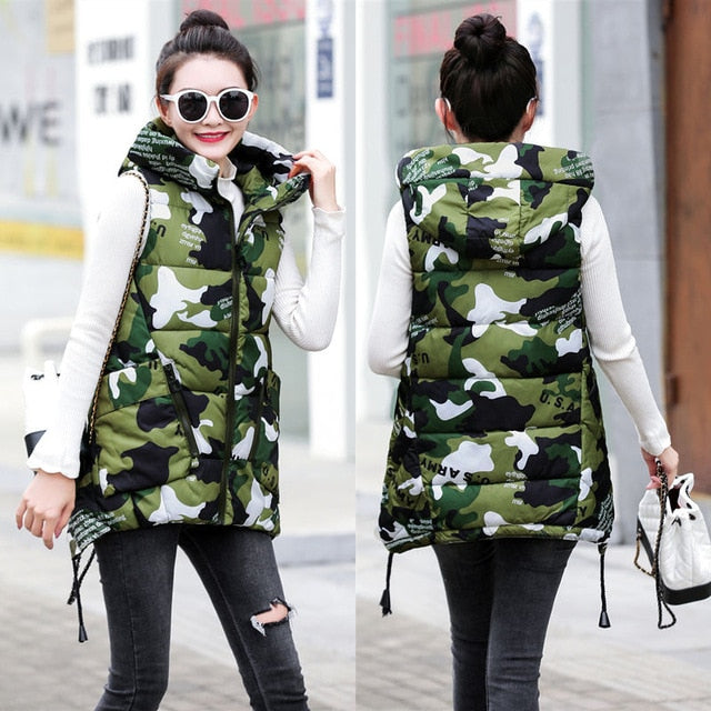 Picture of a Women's Thick Cotton Vest for Long Protection green camo