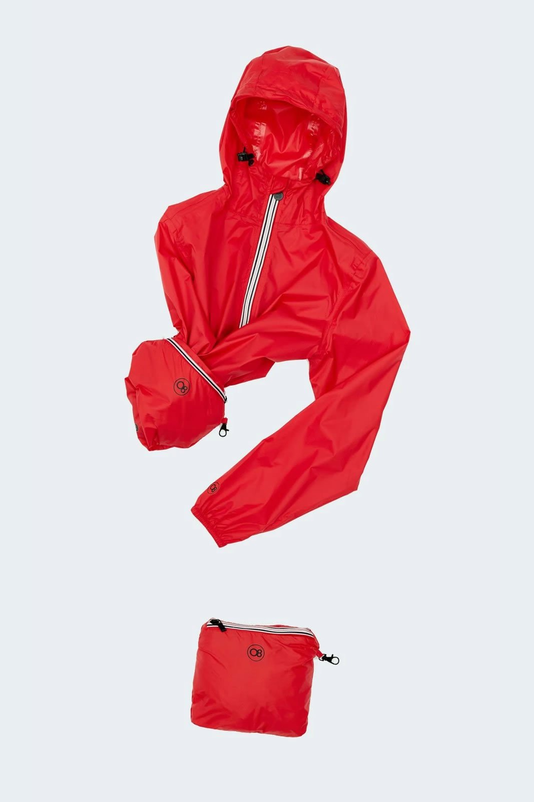 Picture of a Men's Full Zip Navy Blue Waterproof Rain Jacket in red to depict how it is packed into a bag