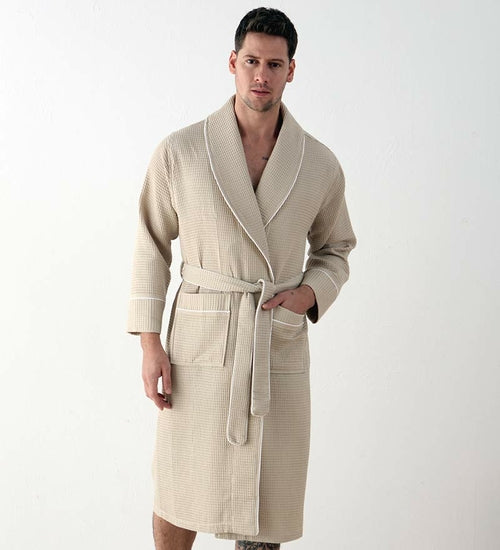 Picture of a Men's Luxury Waffle Knit Robe in beige front