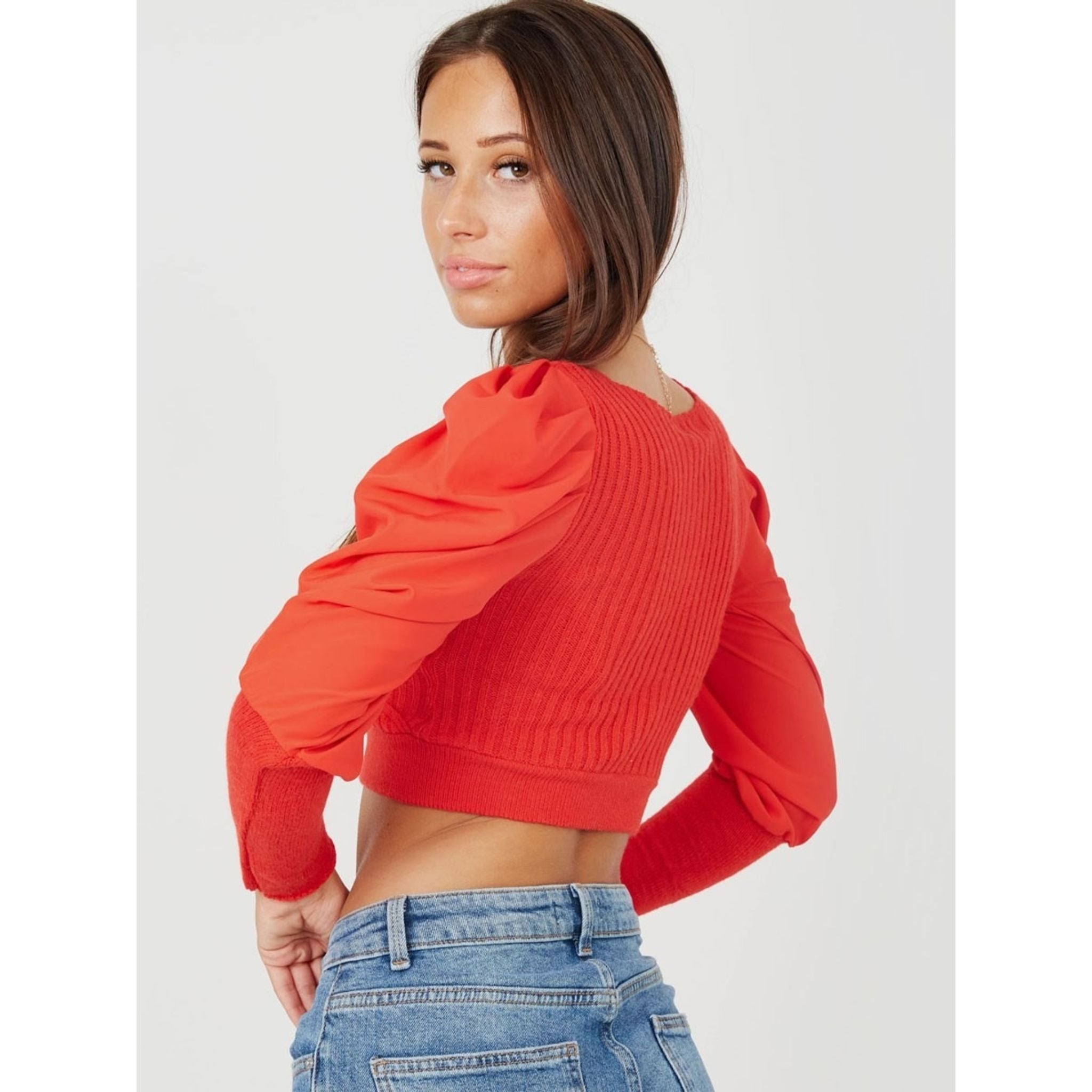 Picture of a Women's Front Ribbed Long Sleeve Red Crop Top side view
