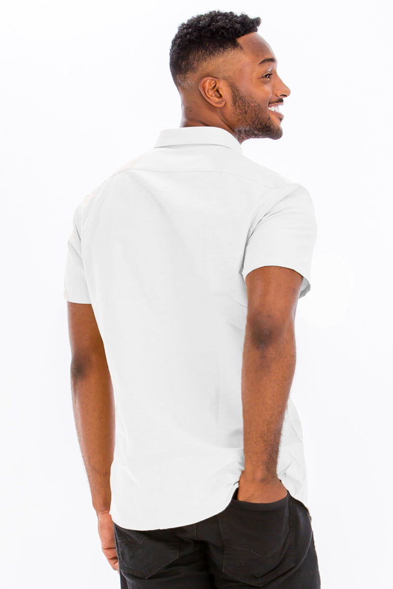 Men's Pure White Short Sleeve Button Down back view
