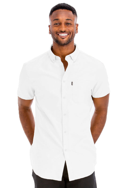 Men's Pure White Short Sleeve Button Down front view