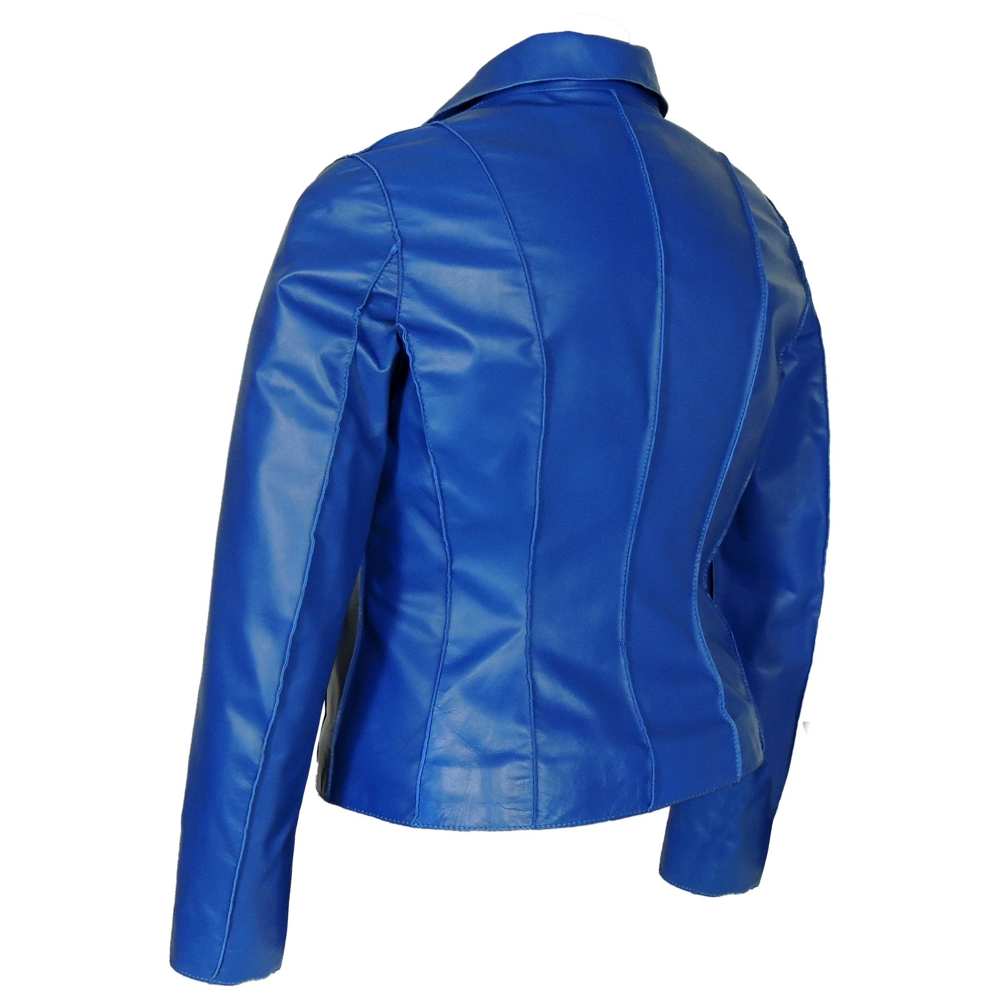 Picture of a Women's Professional Stunner Sheepskin Leather Jacket back side view blue
