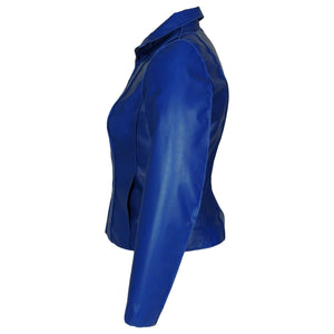 Picture of a Women's Professional Stunner Sheepskin Leather Jacket side view blue
