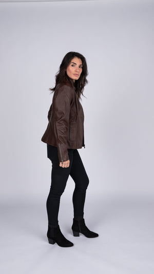 Women's Lambskin Brown Leather Jacket picture of a model looking to the side