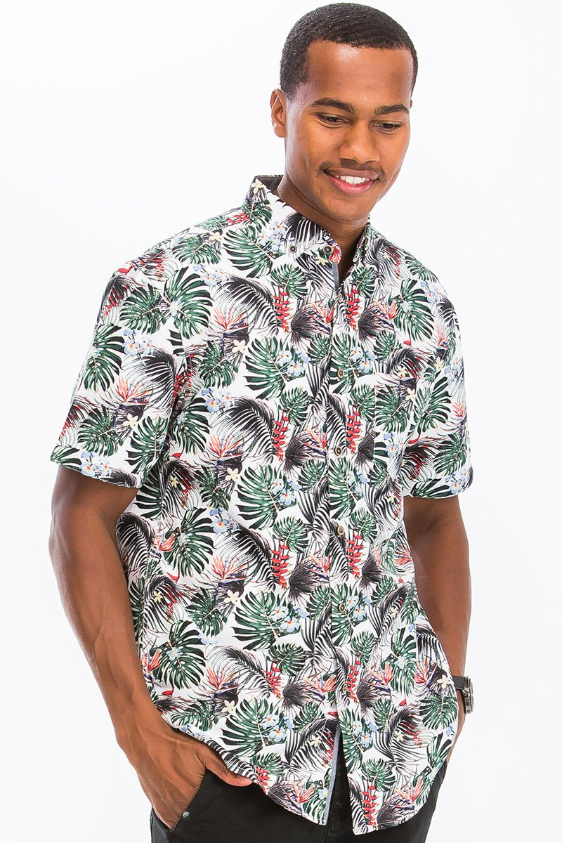 Picture of a Men's Exotic Floral Hawaiian Shirt front view model looking down with hands in pockets