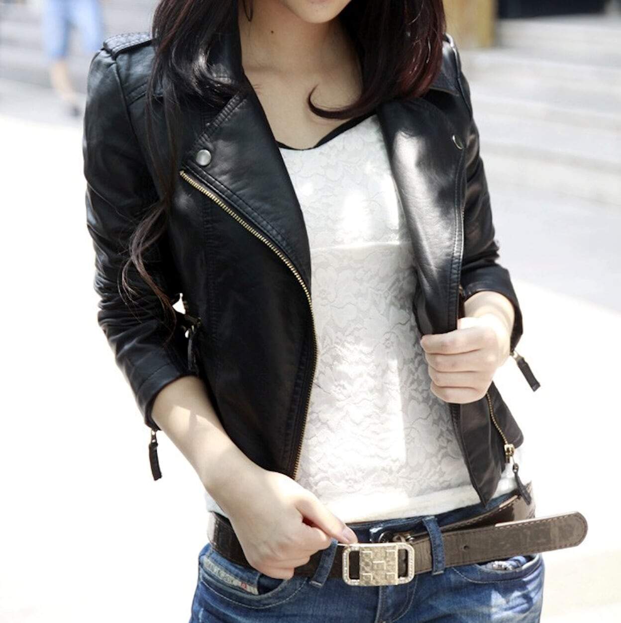 Picture of a Women's Black Cropped Vegan Leather Jacket front view open