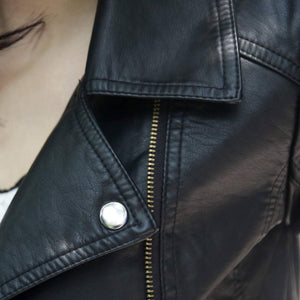 Picture of a Women's Black Cropped Vegan Leather Jacket close up of the collar